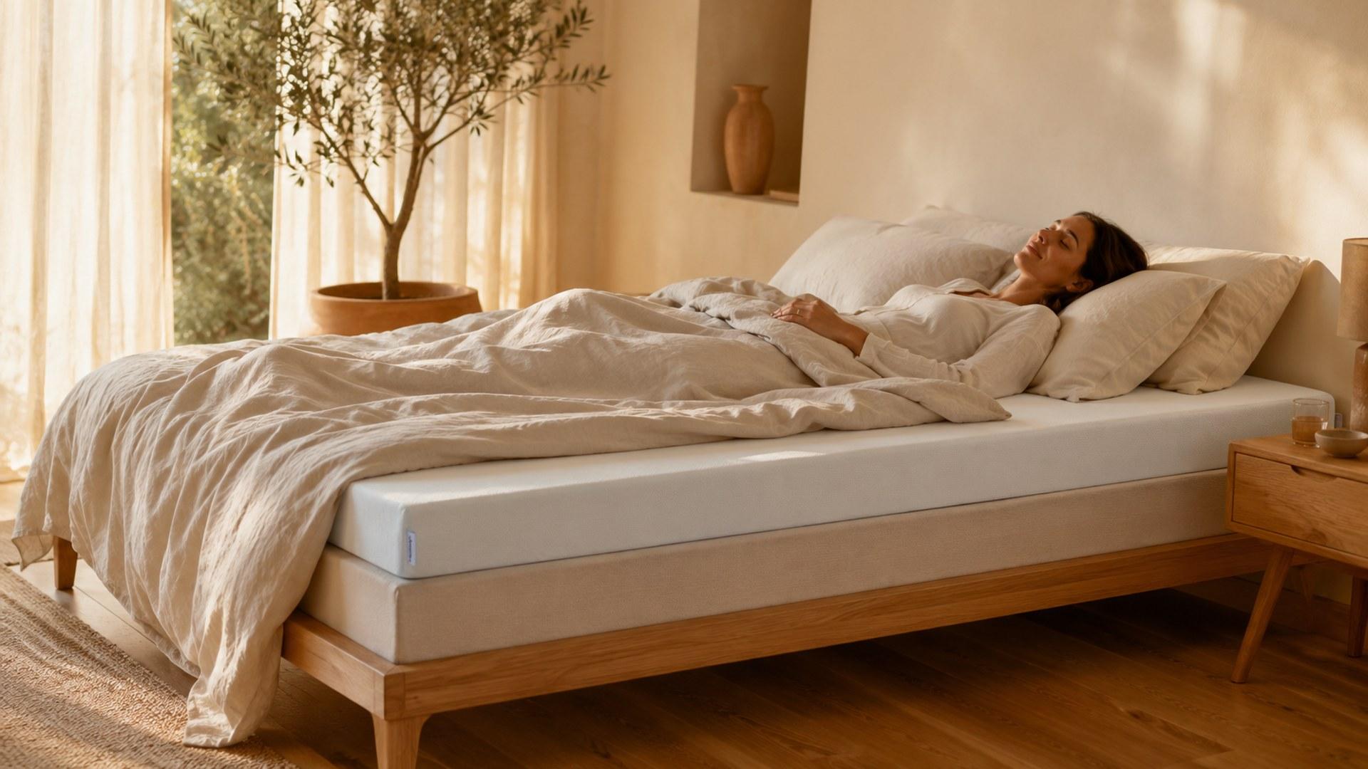 Topper auf Bett im Schlafzimmer, Detailaufnahme